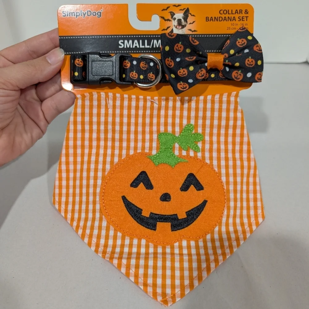 NWT Simply Dog Halloween Collar & Bandana Set - Orange and Black